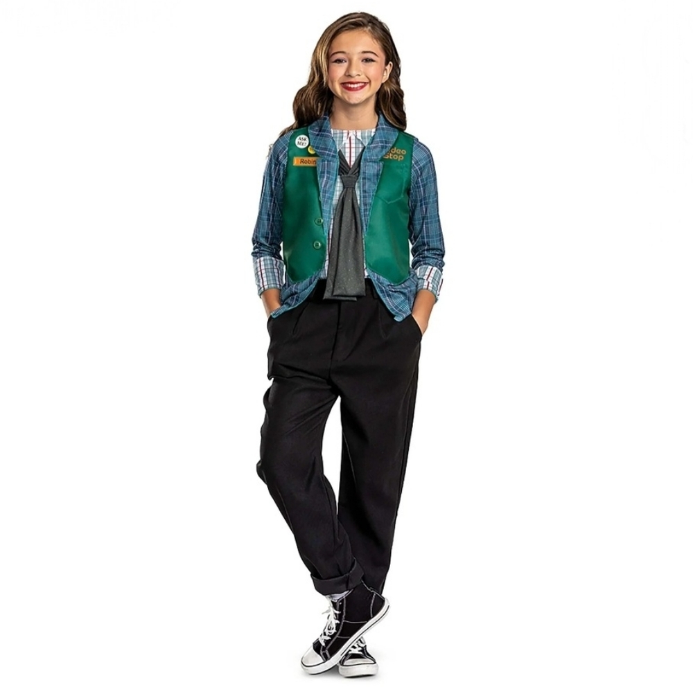 Tween Stranger Things Robin Video Store Costume Green Vest Blue Plaid Shirt Lrg